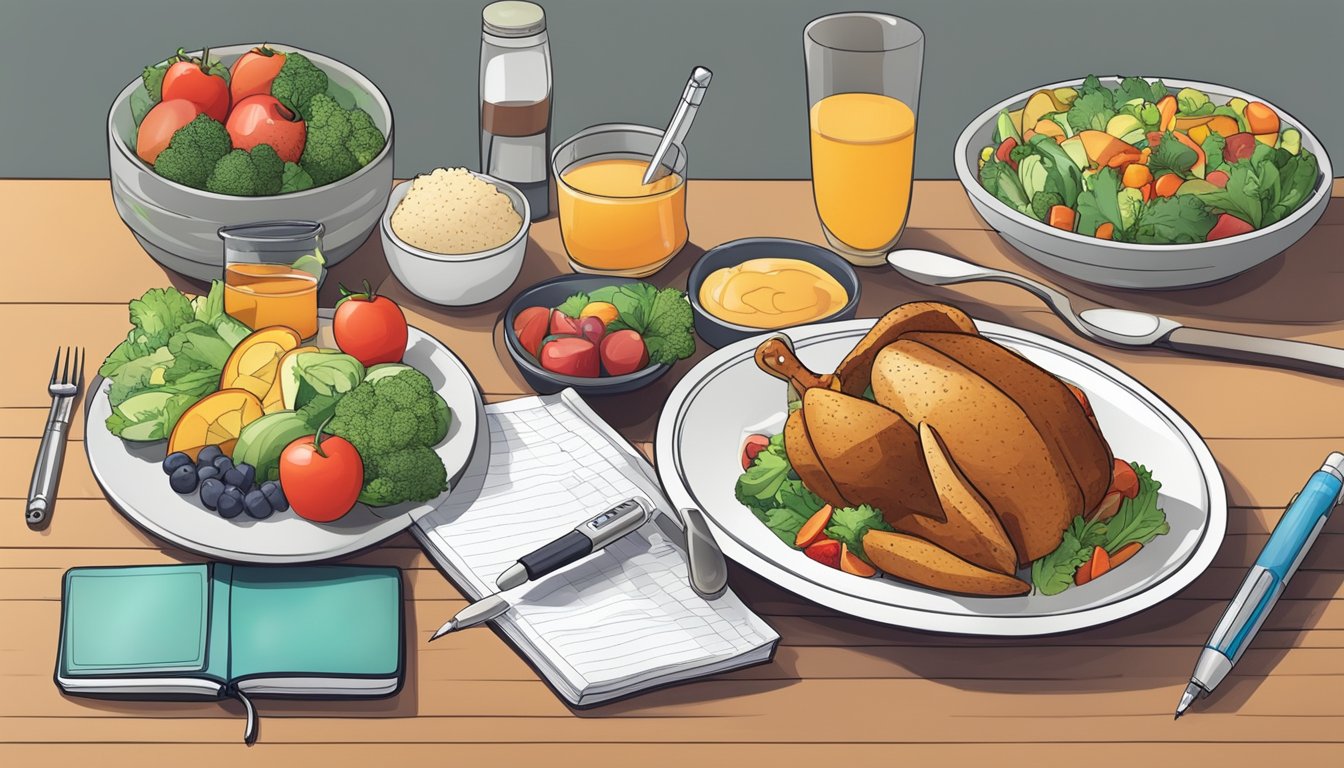 A dinner table with a variety of healthy food options, a journal and pen, and a blood sugar monitoring device nearby