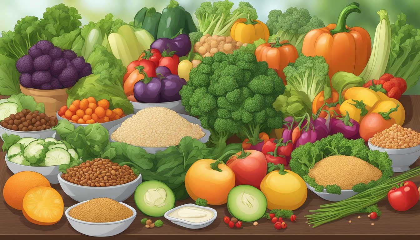 A colorful array of vegetables, fruits, whole grains, and lean proteins arranged on a dinner table, with herbs and spices adding flavor