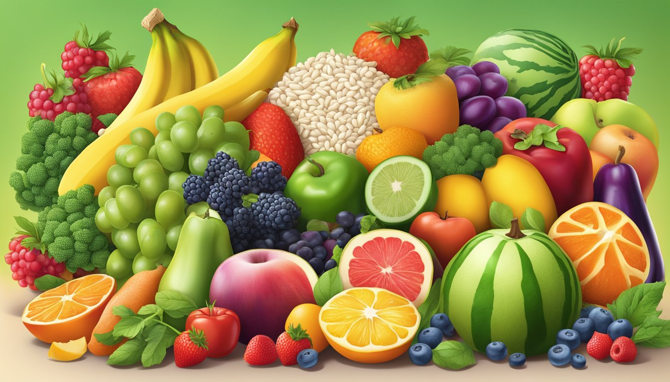 A colorful array of fresh fruits, vegetables, whole grains, and lean proteins arranged in a balanced and visually appealing composition