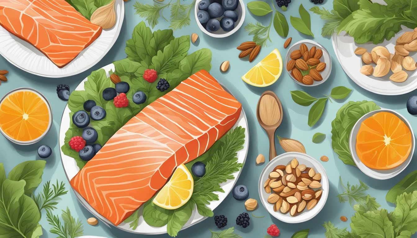 A table set with colorful plates of salmon, leafy greens, berries, and nuts, surrounded by herbs and spices