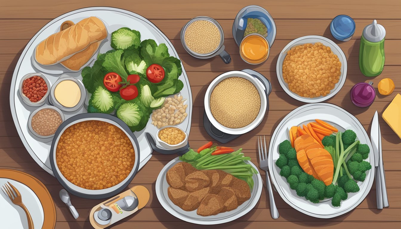 A dinner table set with a variety of foods, including vegetables, lean proteins, and whole grains, with a person's glucose monitor and insulin pen nearby