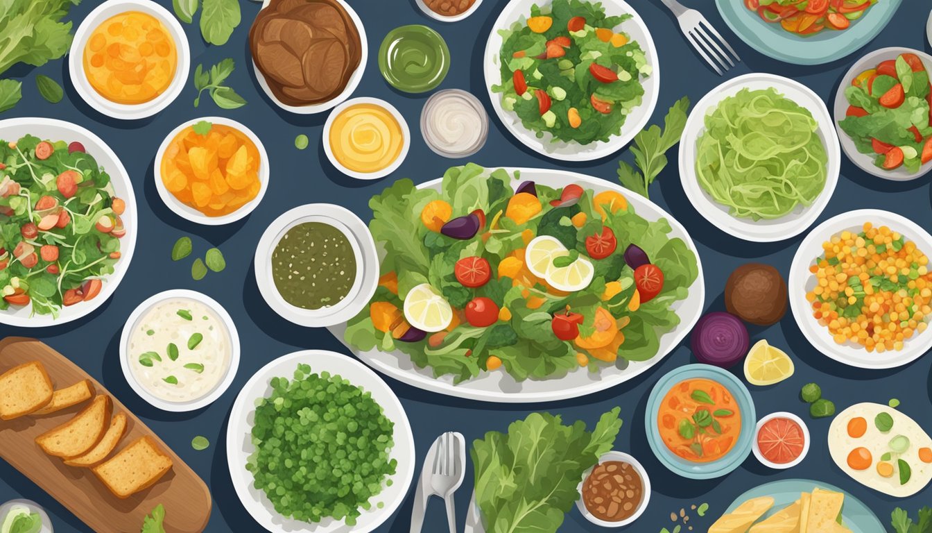 A table set with a variety of colorful and healthy dishes, including salads, roasted vegetables, and lean proteins, with a focus on low-glycemic options