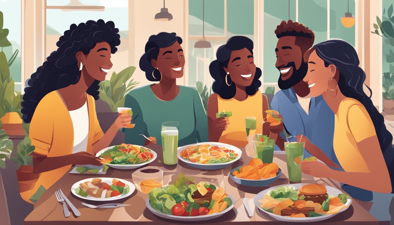 A group of friends enjoying a meal together, with a variety of healthy food options and a lively, engaging conversation