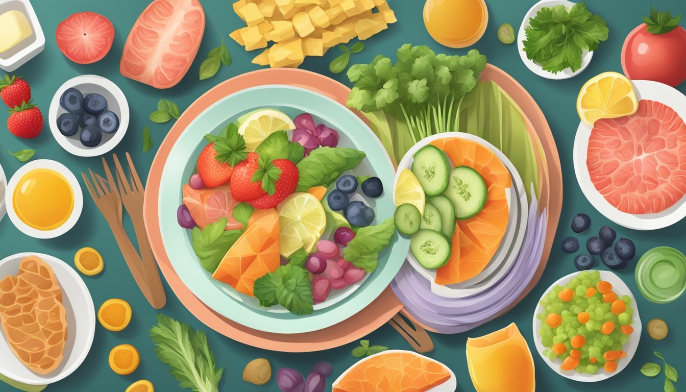 A colorful dinner plate with a variety of anti-inflammatory foods arranged in an appealing and appetizing manner