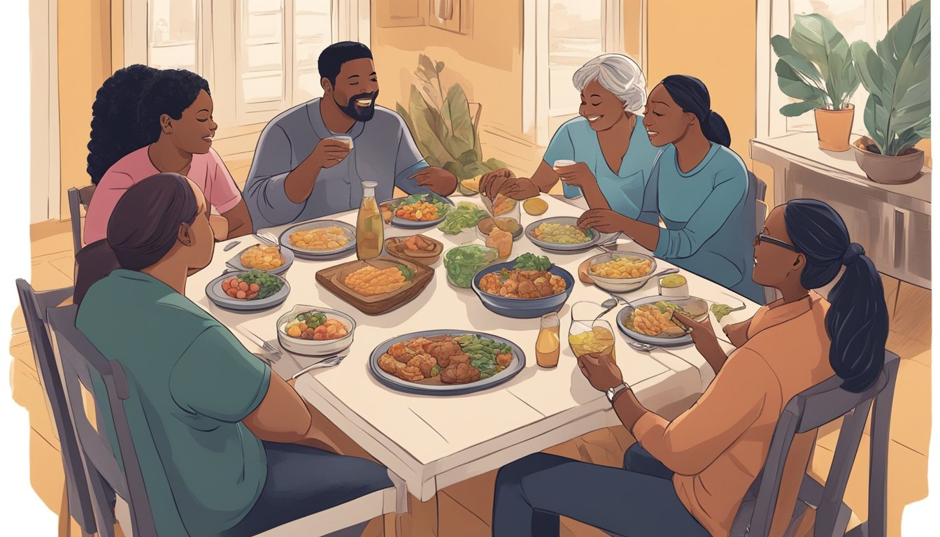 A group of diverse individuals gather around a dinner table, sharing food and conversation. One person discreetly checks their glucose levels while others engage in supportive conversation