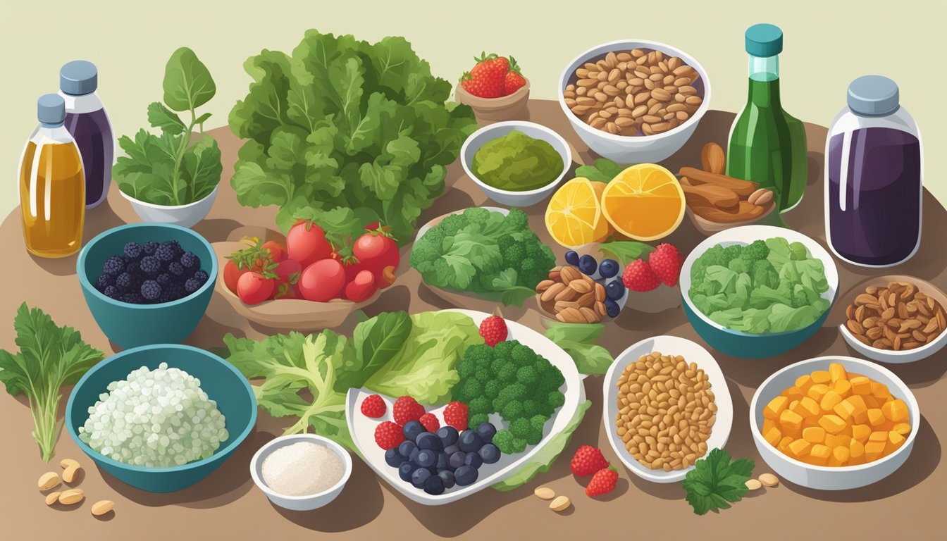 A dinner table set with colorful, nutrient-rich foods like leafy greens, berries, nuts, and lean proteins, surrounded by bottles of supplements and herbal remedies for diabetes