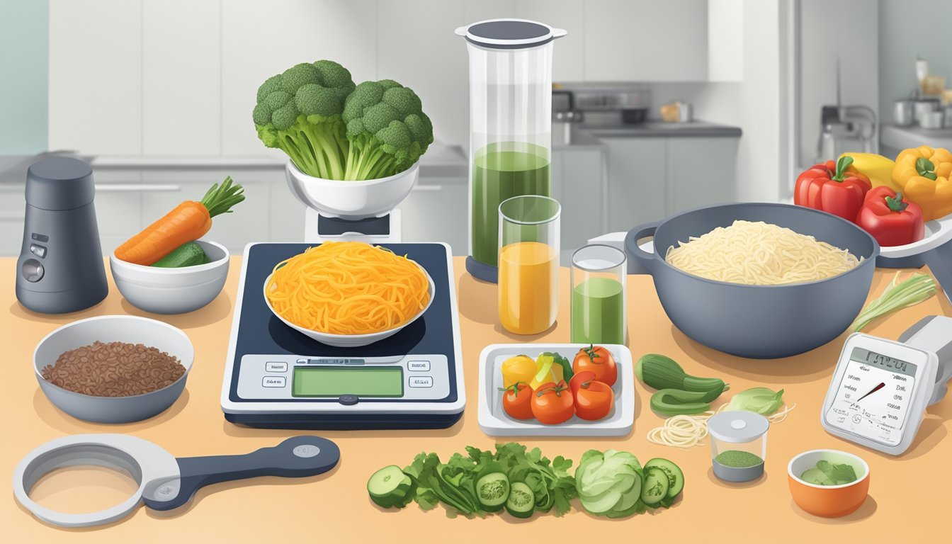 A kitchen counter with various diabetes-friendly cooking gadgets and tools neatly arranged, including a food scale, measuring cups, a vegetable spiralizer, and a digital nutrition calculator