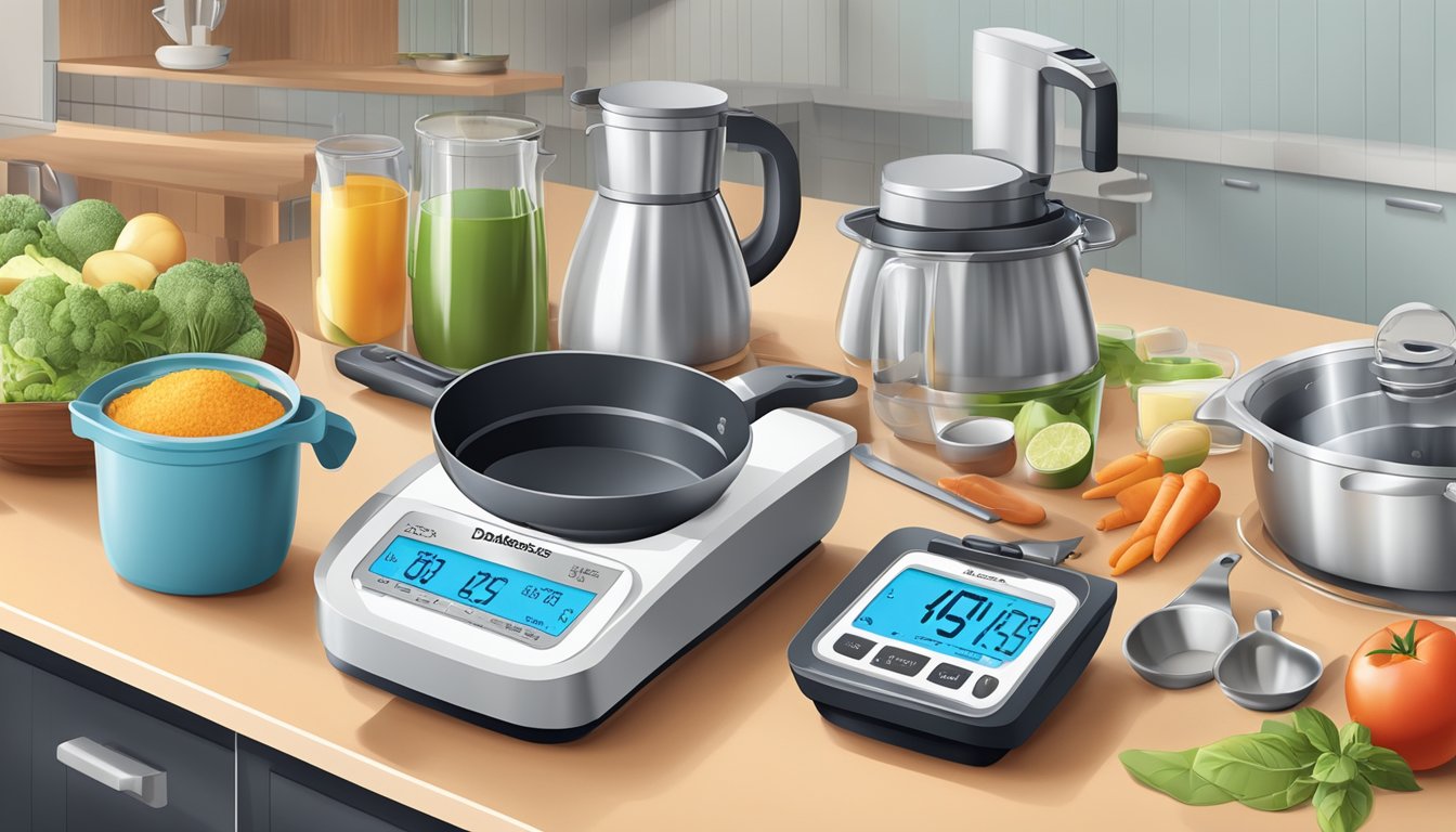 A kitchen counter with various diabetes-friendly cooking gadgets neatly organized and ready for use