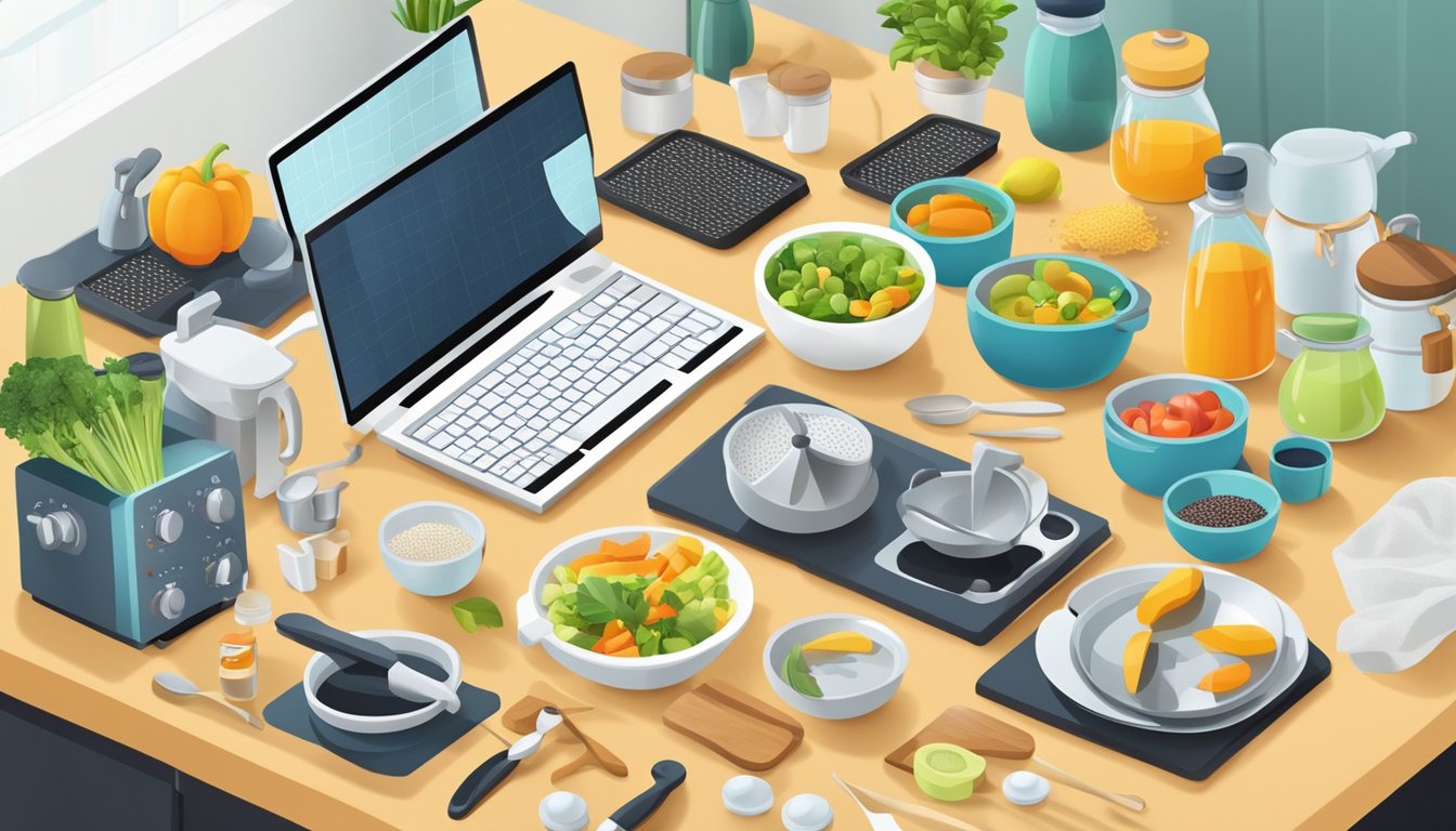 A well-organized kitchen counter with various diabetes-friendly cooking tools and gadgets neatly arranged