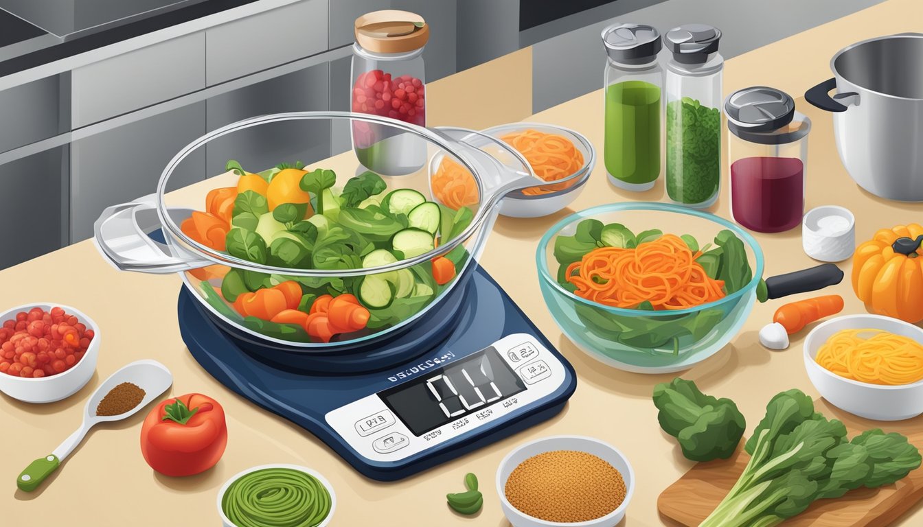 A kitchen counter with various specialized cooking tools for diabetes, including a digital food scale, vegetable spiralizer, and portion control containers