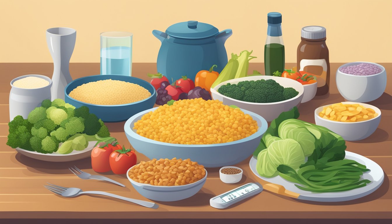 A dinner table set with a variety of colorful, nutrient-rich foods including vegetables, whole grains, lean proteins, and healthy fats. A blood sugar monitor sits nearby