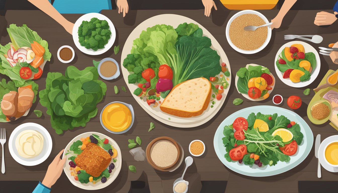 A dinner table set with a variety of colorful, nutrient-rich foods, such as leafy greens, lean proteins, and whole grains, with a focus on blood sugar-friendly options