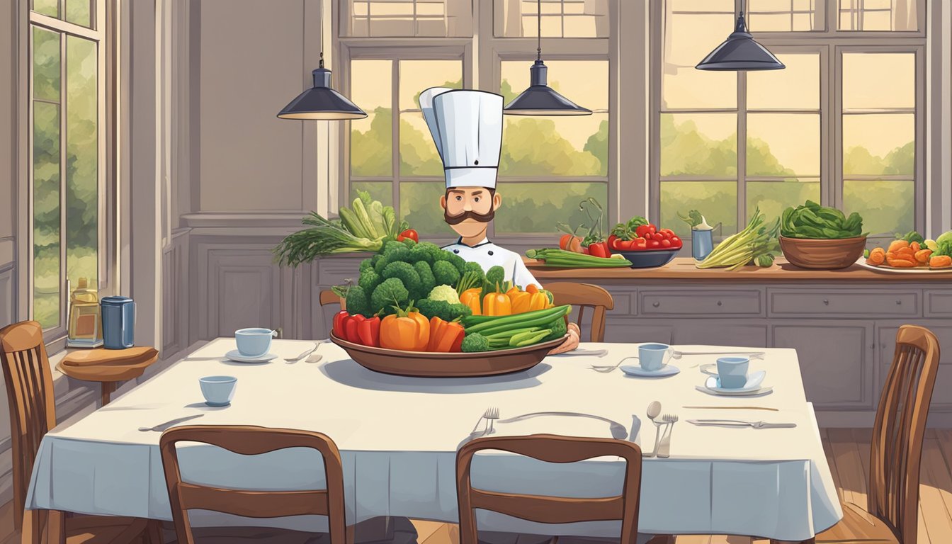 A colorful dinner table with fresh vegetables, whole grains, and lean proteins. A chef's hat and apron are neatly hung on a chair