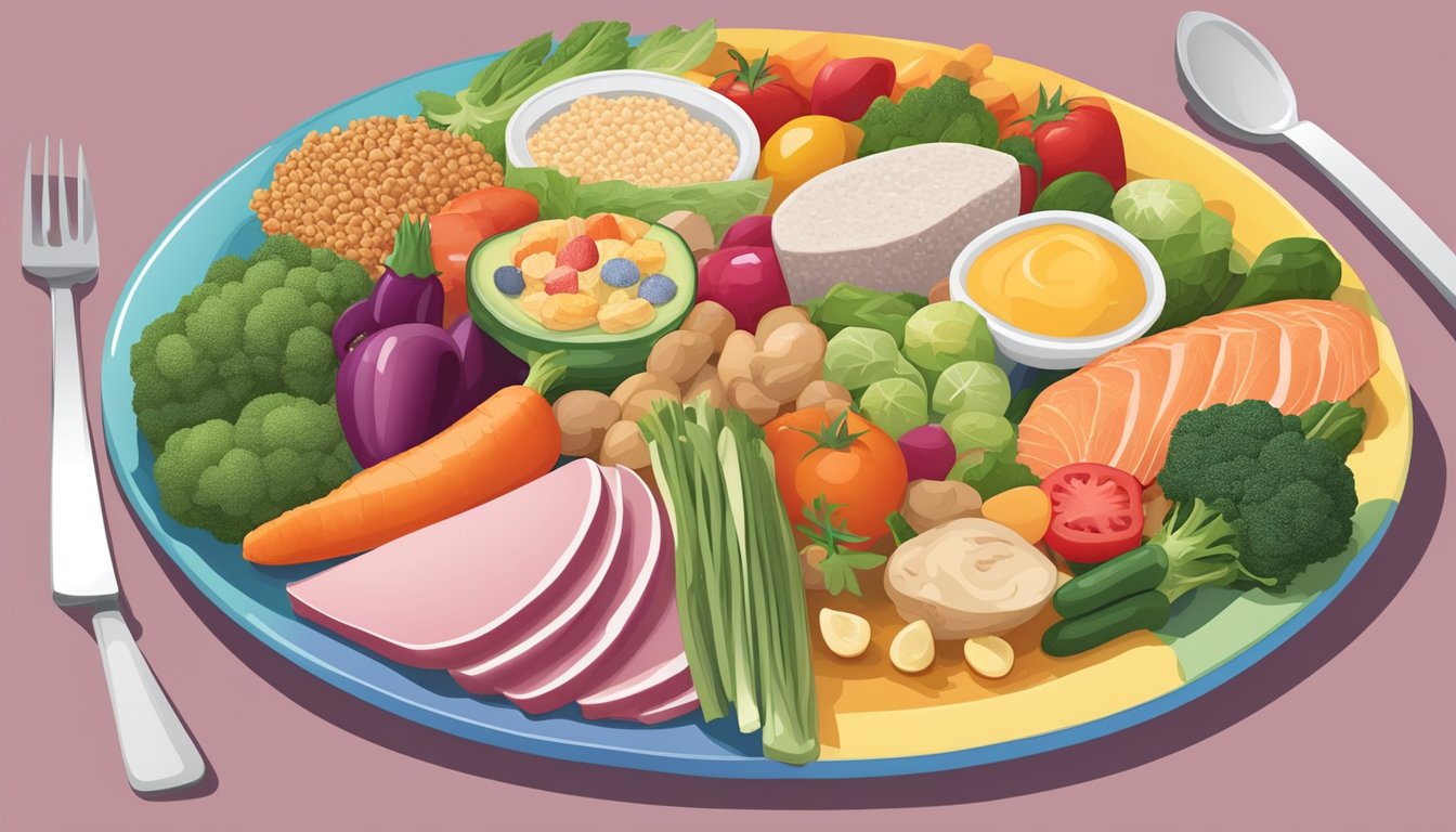 A colorful dinner plate with balanced portions of diabetes-friendly foods, including lean proteins, whole grains, and plenty of colorful vegetables