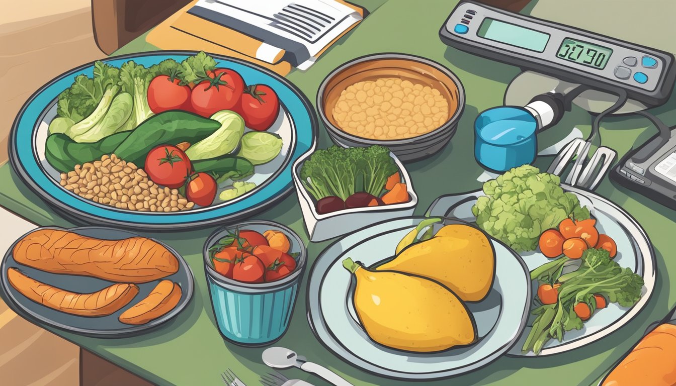 A colorful dinner plate filled with diabetes-friendly foods like vegetables, lean proteins, and whole grains. A blood glucose monitor sits nearby