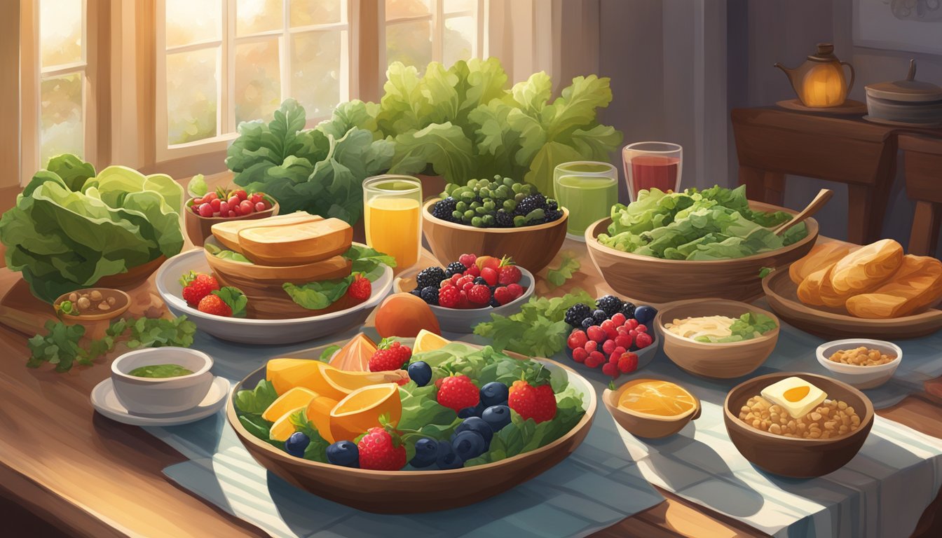 A cozy dining table with a variety of colorful, mood-enhancing foods, such as leafy greens, berries, and whole grains, surrounded by warm lighting and a serene atmosphere