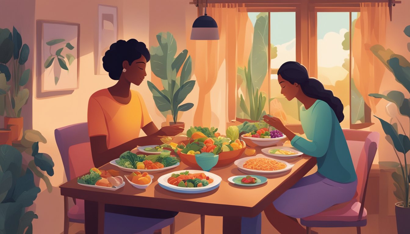 A person sitting at a dinner table, surrounded by colorful, nutrient-rich foods. The setting is cozy and relaxed, with soft lighting and a sense of contentment