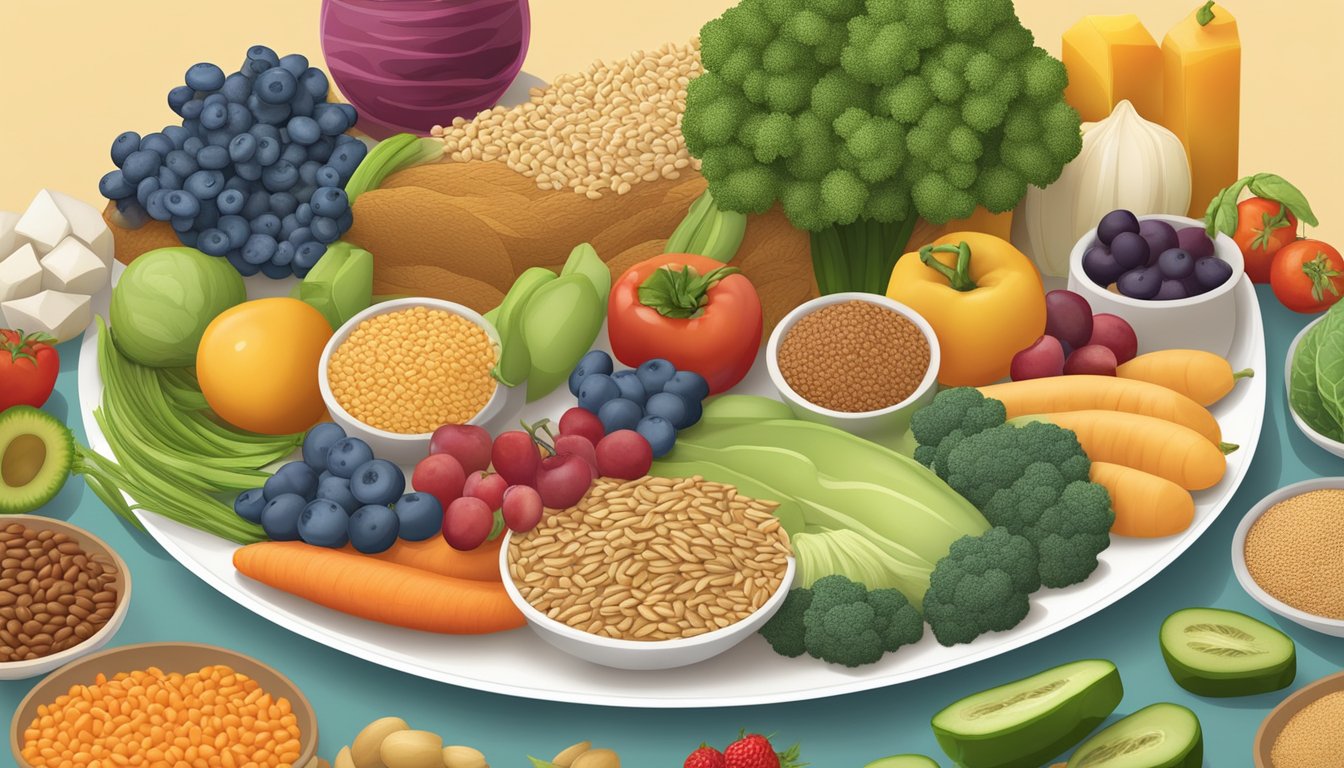 A colorful array of whole grains, lean proteins, and fiber-rich fruits and vegetables arranged on a plate, with a focus on low-glycemic index foods