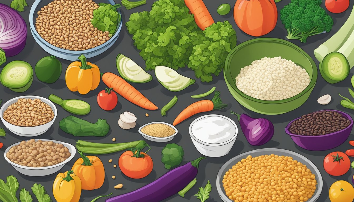 A colorful array of fresh vegetables, lean proteins, and whole grains spread out on a kitchen counter, ready to be transformed into a delicious and diabetes-friendly meal