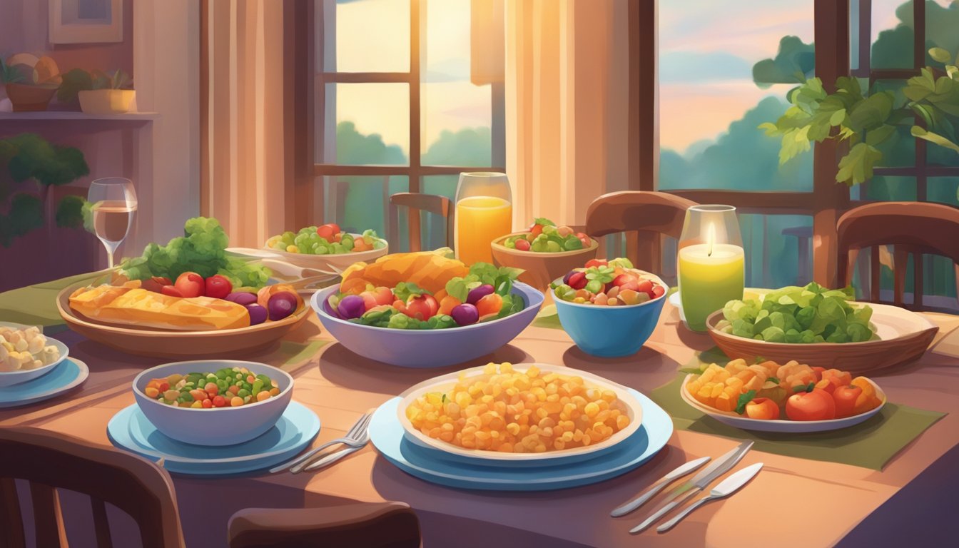 A cozy dinner table with a variety of colorful, nutrient-rich foods. A serene atmosphere with soft lighting and a sense of calm and contentment