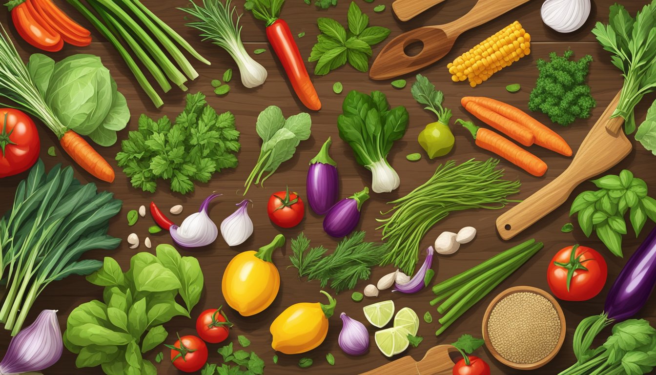 A colorful array of fresh herbs, spices, and vibrant vegetables arranged on a wooden cutting board, ready to be chopped and combined to create a flavorful, sugar-free dinner