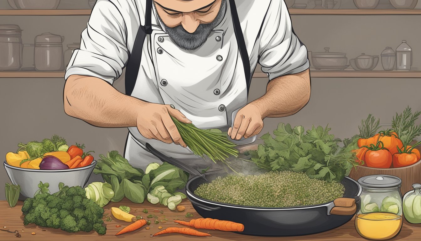 A chef adding layers of herbs, spices, and aromatics to a sizzling pan of vegetables, creating a flavorful and balanced dish without relying on sugar or spiking glucose