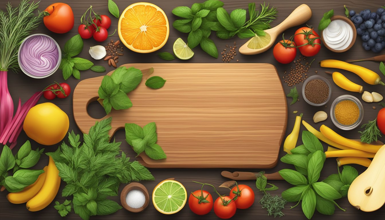 A colorful array of fresh herbs, spices, and vibrant fruits arranged on a wooden cutting board, with a variety of cooking utensils nearby