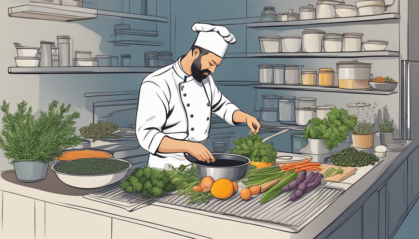 A chef carefully adds layers of herbs, spices, and aromatic ingredients to a simmering pot, creating a complex and flavorful base for a delicious dinner