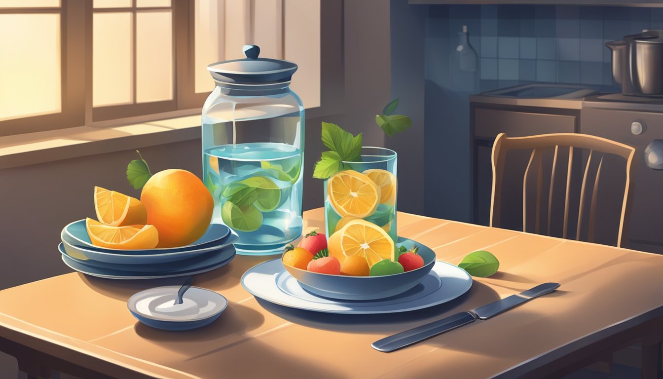 A cozy kitchen table set with a plate of sliced fruit and a glass of water, with a clock on the wall showing a late evening time