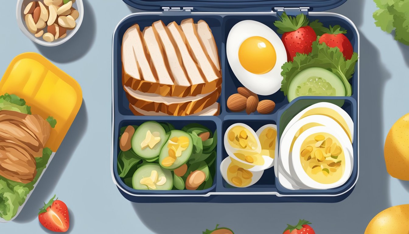 A lunch box filled with healthy protein options like grilled chicken, hard-boiled eggs, and nuts, alongside fresh vegetables and fruits