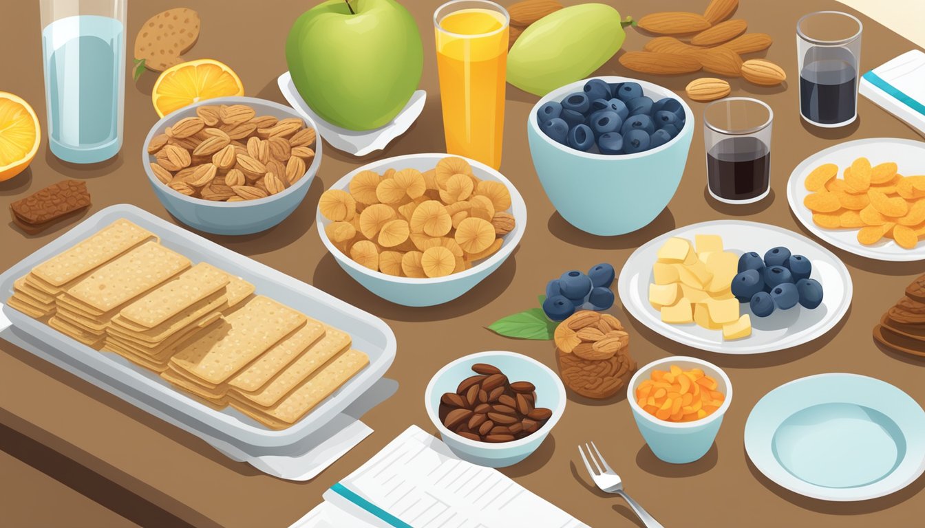 A table set with a variety of healthy snacks, such as fruits, nuts, and whole grain crackers, alongside a glass of water and a blood glucose monitor