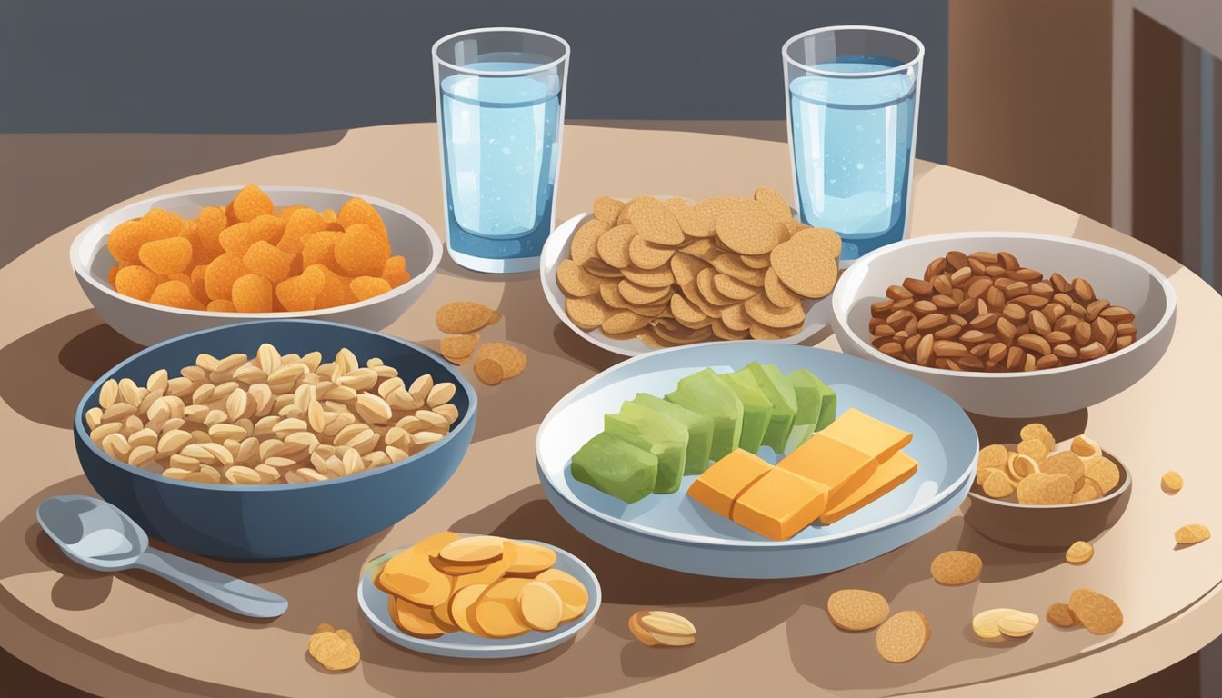 A table with a variety of diabetic-friendly snacks: nuts, fruits, vegetables, and whole grain crackers. A glass of water sits beside the snacks