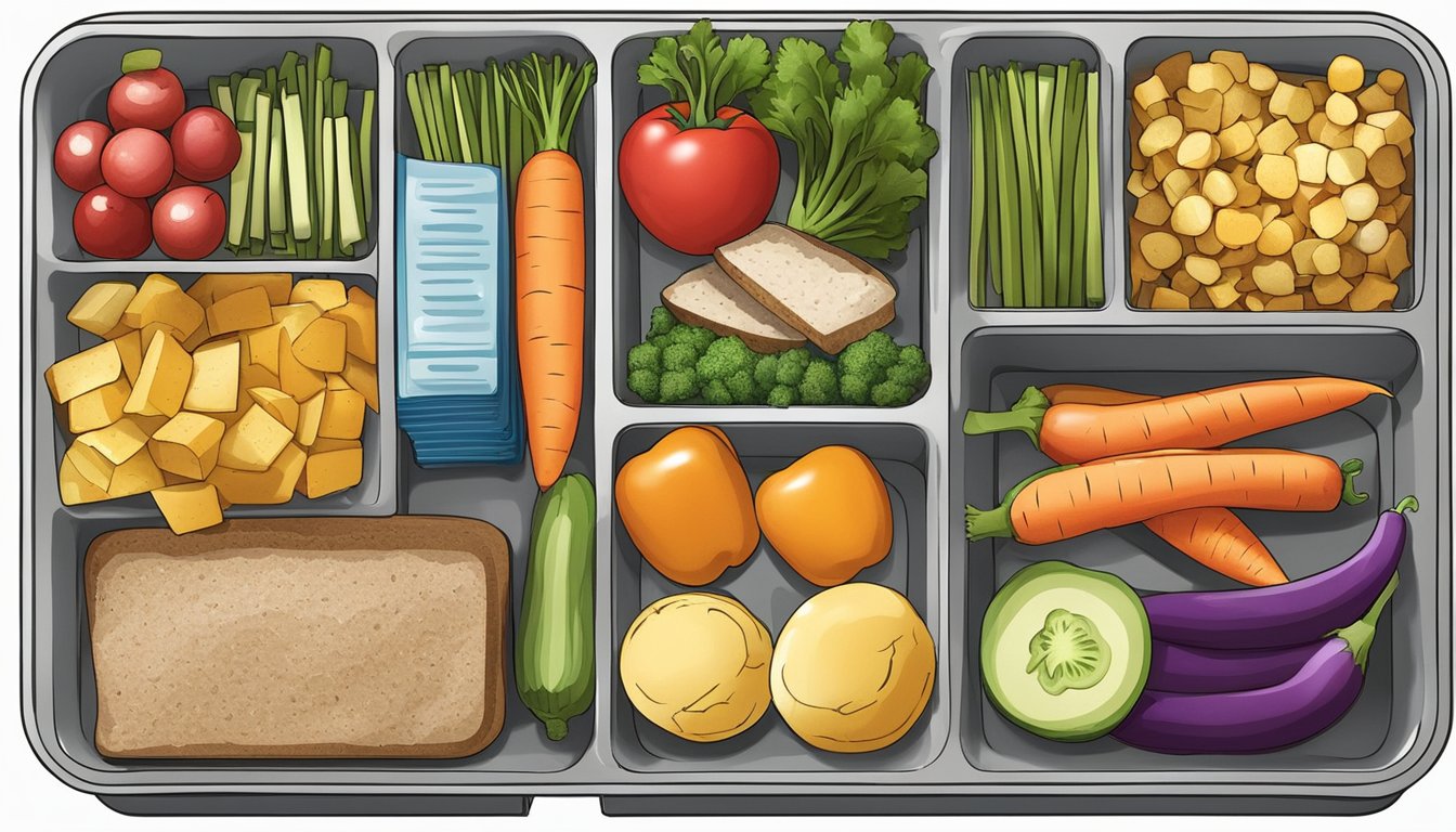 A lunch box filled with a variety of colorful vegetables, neatly arranged in compartments, with a small note indicating "Vegetables in Every Meal Lunch Box Meal Plans for Diabetics: Work and School Solutions."