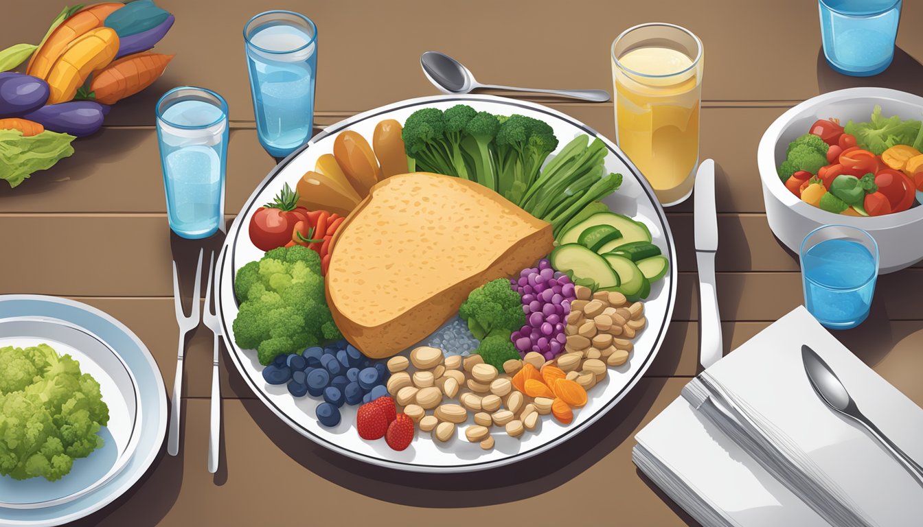 A dining table set with balanced meal components, including lean protein, whole grains, and colorful vegetables, with a glass of water and a blood sugar monitor nearby