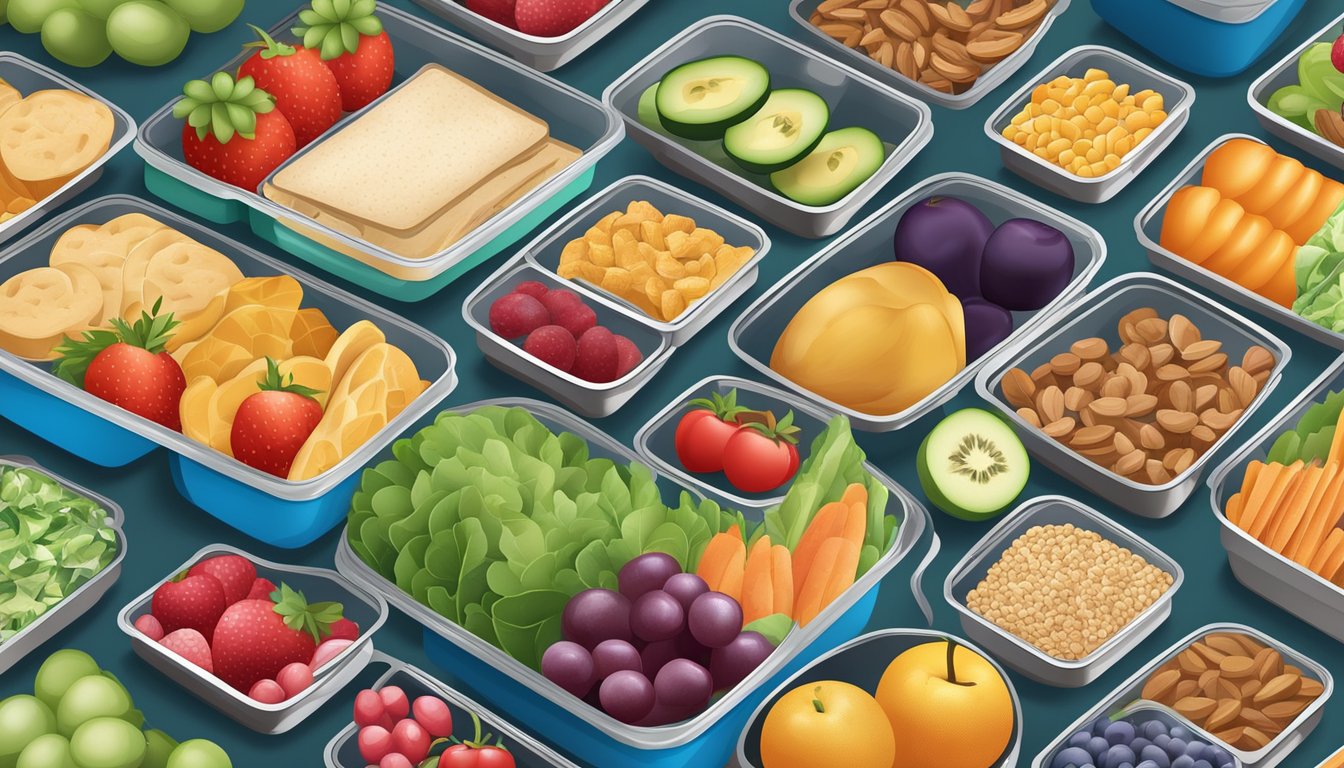 A lunch box filled with healthy snacks and meal options, such as fruits, vegetables, whole grains, and lean proteins, arranged neatly and ready to be packed for work or school