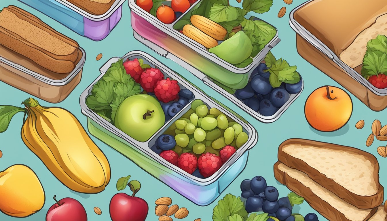 A lunch box filled with colorful fruits, vegetables, whole grain sandwiches, and a small container of nuts and seeds