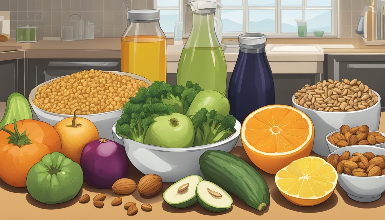 A colorful array of fresh fruits, vegetables, nuts, and whole grains spread out on a kitchen counter, with a glass of water nearby