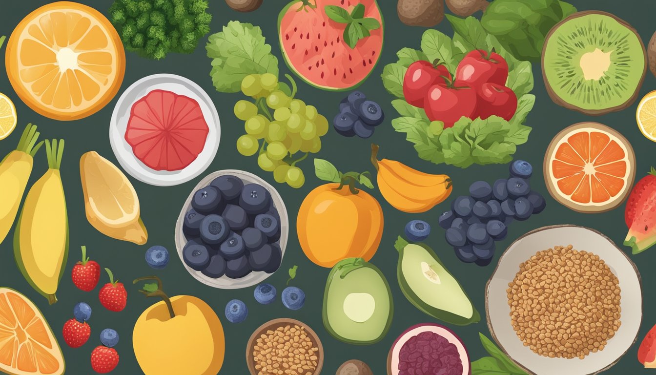 A table with a colorful array of fruits, vegetables, whole grains, and lean proteins, arranged in seasonal meal plans for diabetics