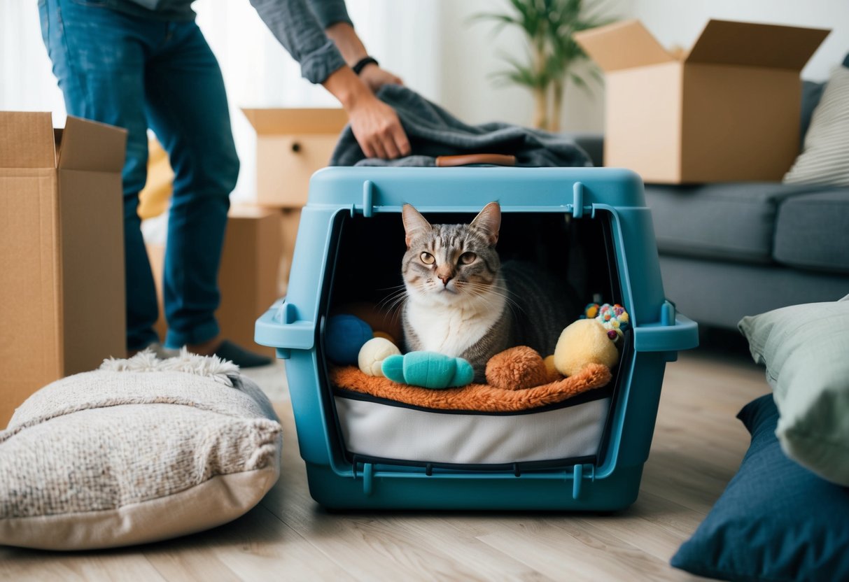 En lugn katt sitter i en mysig transportbur med bekanta leksaker och filtar, omgiven av välbekanta dofter, medan familjen noggrant packar och flyttar sina tillhörigheter runt den.