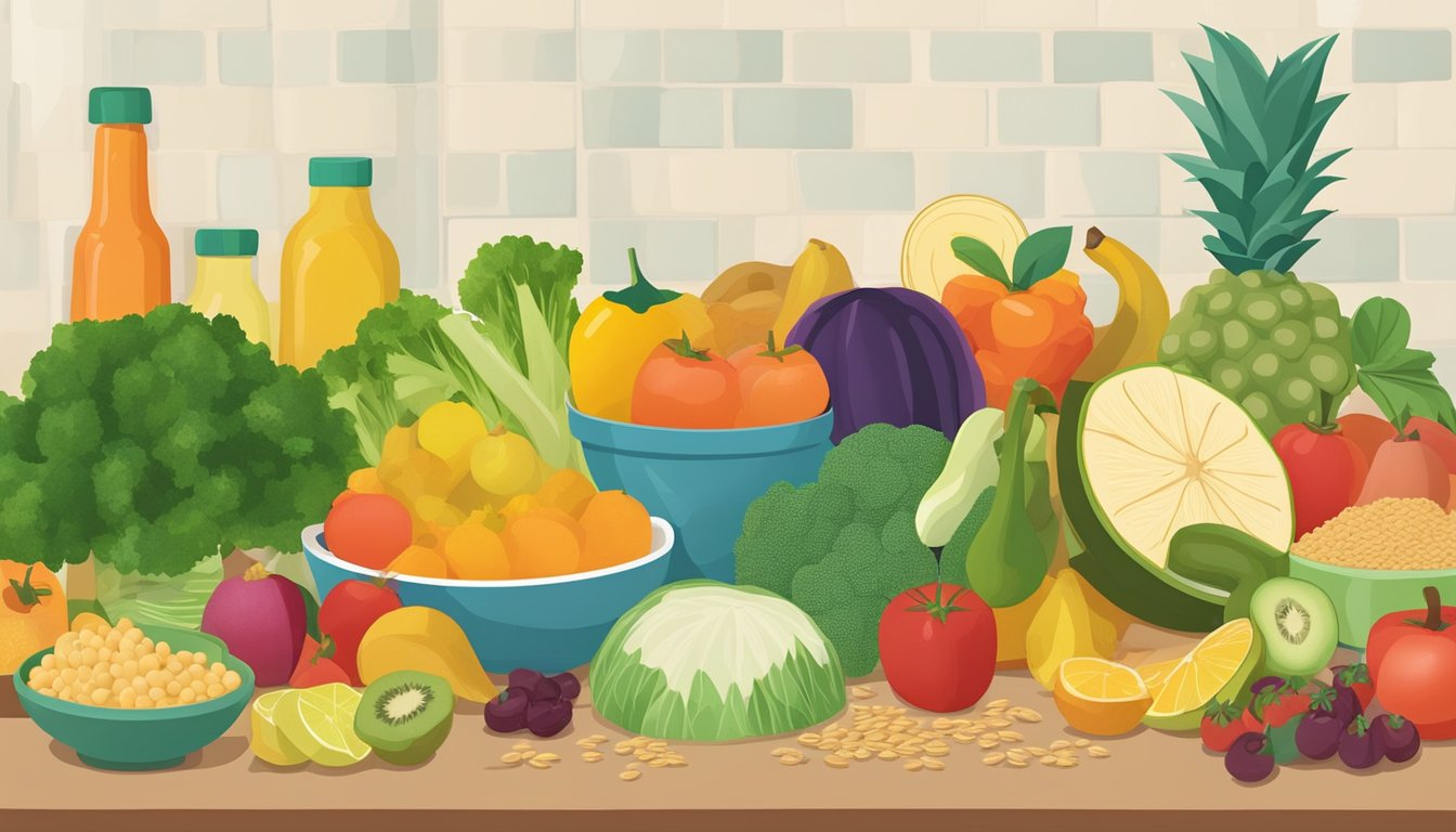 A kitchen counter with a variety of fresh fruits, vegetables, and grains arranged in a colorful and appealing display, representing the concept of seasonal meal planning for diabetics