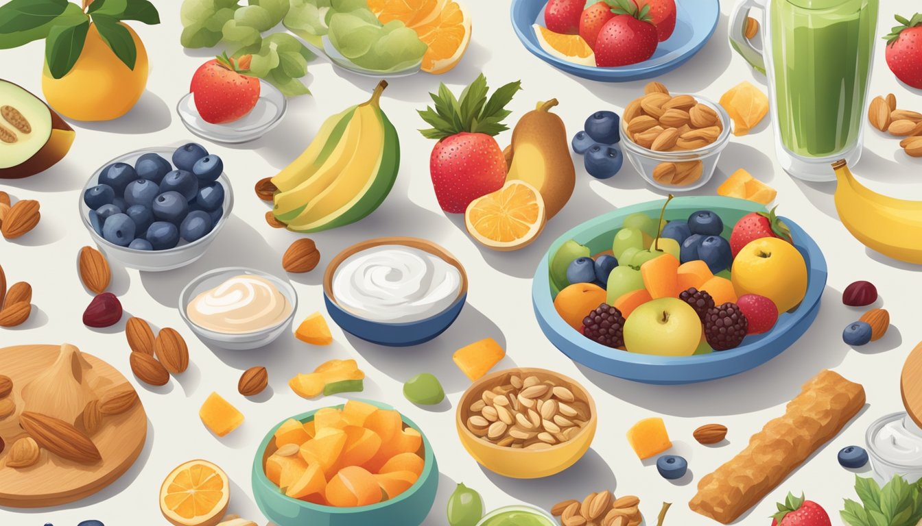 A table with a variety of healthy snack options such as fruits, nuts, and yogurt, surrounded by images of people engaging in physical activities like walking, jogging, and yoga