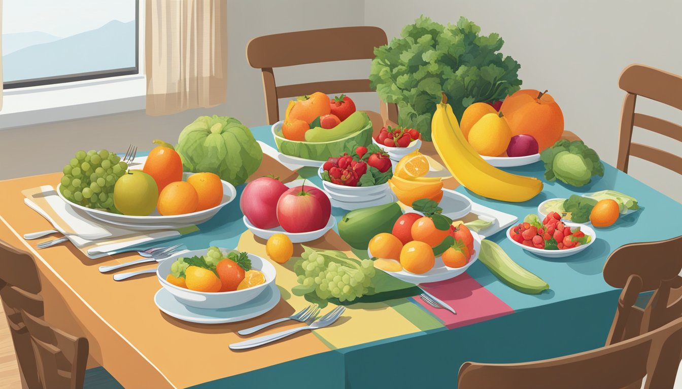 A table with four place settings, each featuring a colorful array of seasonal fruits, vegetables, and lean proteins. A calendar on the wall displays the changing seasons