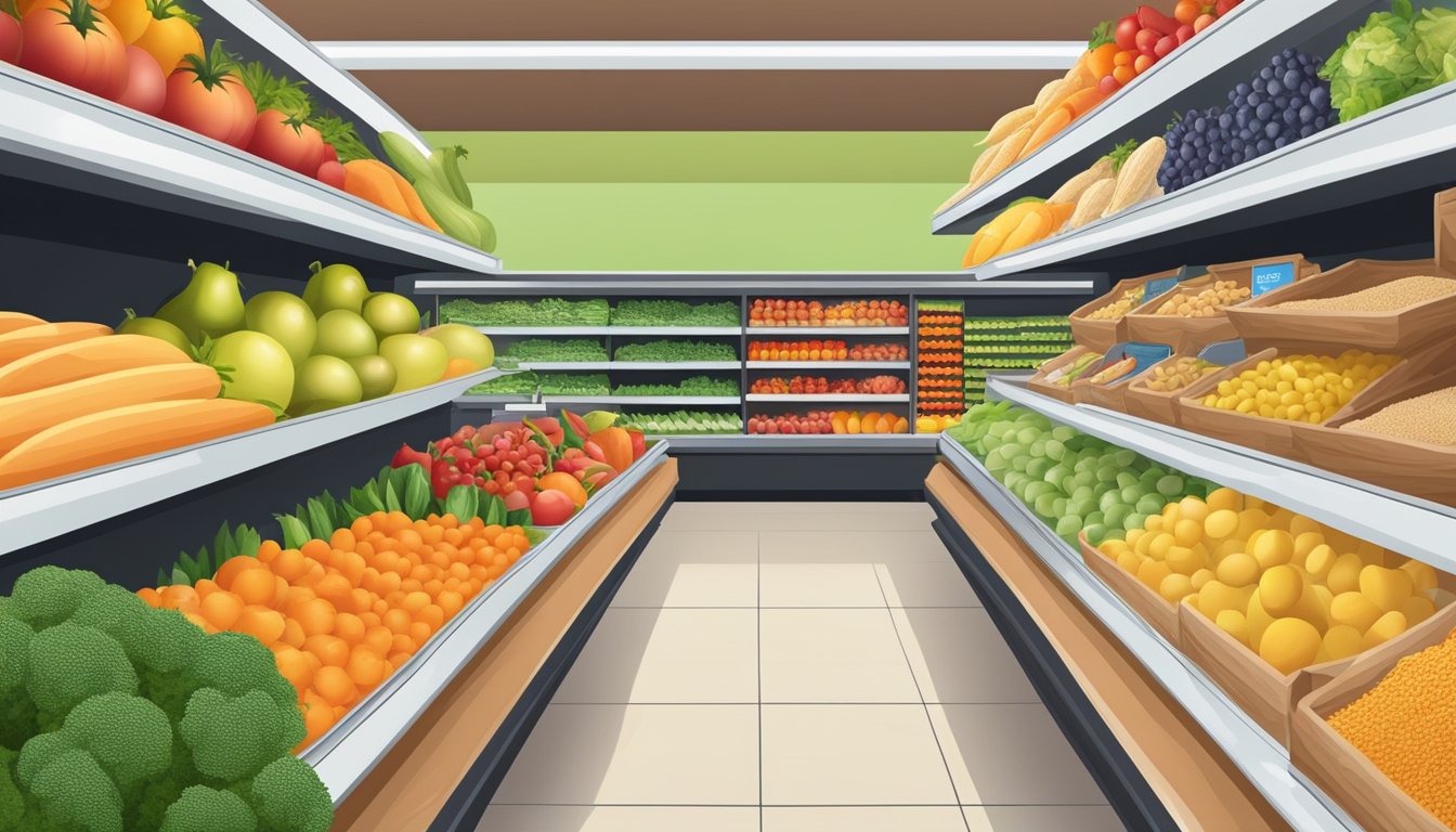 A colorful display of fresh fruits and vegetables, along with whole grains and lean proteins, arranged in a grocery store aisle