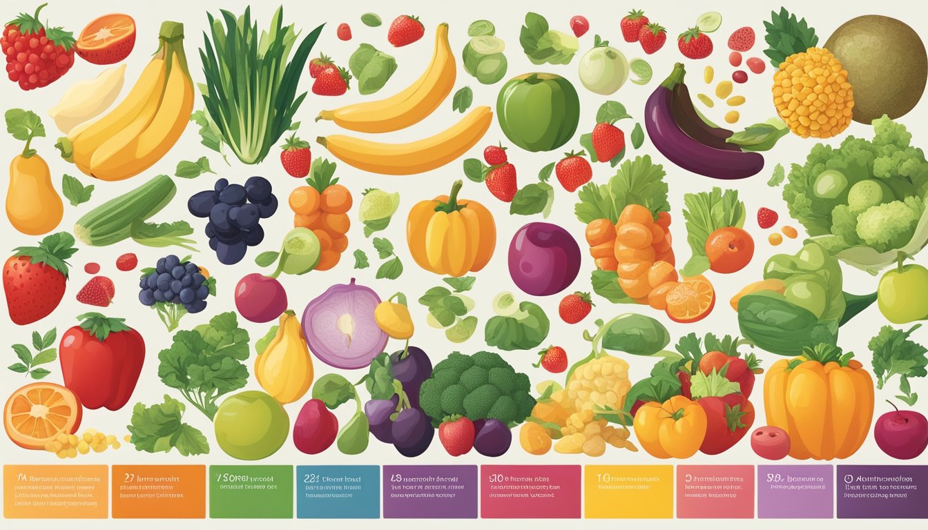 A colorful array of fruits, vegetables, grains, and proteins arranged in a balanced meal plan, with seasonal variations evident in the selection of produce