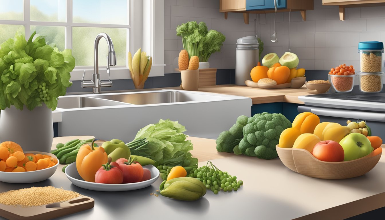 A kitchen counter with various fresh fruits, vegetables, and grains being prepped and stored in containers. A calendar with seasonal meal plans for diabetics is displayed on the wall