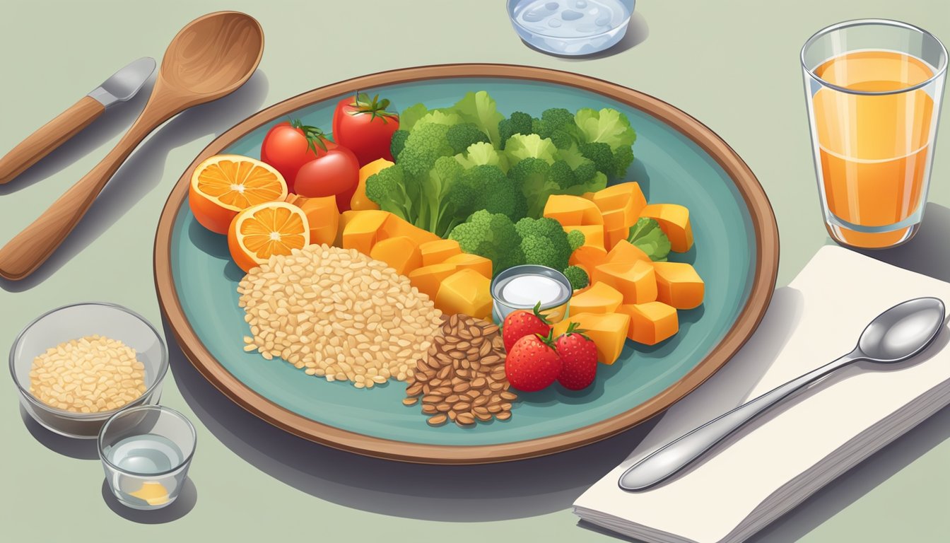 A colorful plate with balanced portions of vegetables, lean protein, and whole grains. A measuring cup of fruits and a glass of water on the side