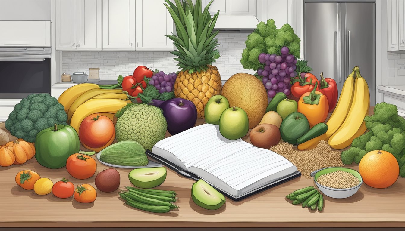 A colorful array of fresh fruits, vegetables, whole grains, and lean proteins arranged on a kitchen counter, with a notebook and pen nearby for meal planning