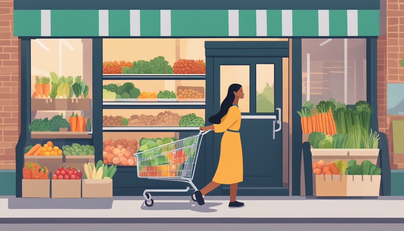 A person with a shopping cart filled with fresh produce, lean proteins, and whole grains, standing in front of a grocery store with a sign that reads "Smart Grocery Shopping for Batch Cooking."