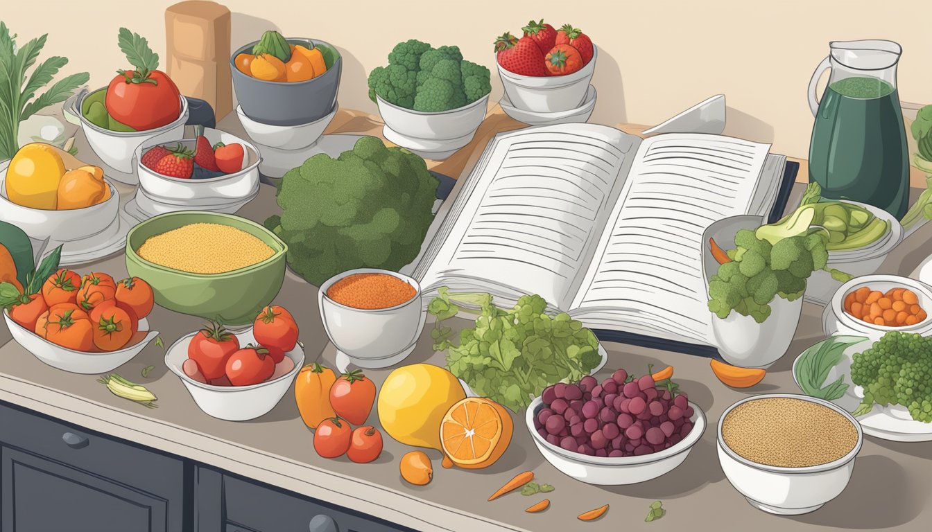 A kitchen counter with a variety of fresh fruits, vegetables, whole grains, and lean proteins, along with a cookbook open to a page of diabetes-friendly recipes