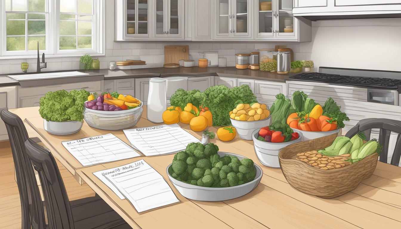 A kitchen table with a grocery list, meal plan, and various fresh produce and pantry items laid out in an organized and budget-friendly manner